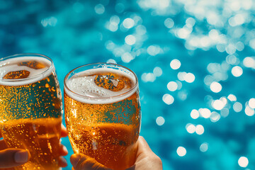 Two glasses of golden beer clink together against a sparkling blue pool backdrop, celebrating relaxation and joy.