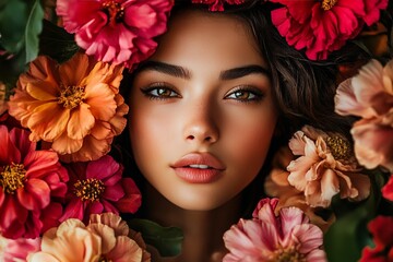 Striking portrait of a woman adorned with vibrant flowers, merging beauty and nature in art.