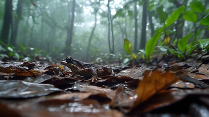 Obraz premium 15. A misty, dense forest floor showcasing a toxic toad camouflaged among wet leaves