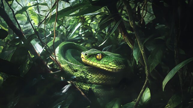 14. A lush, tropical swamp where a green tree viper rests camouflaged among the branches