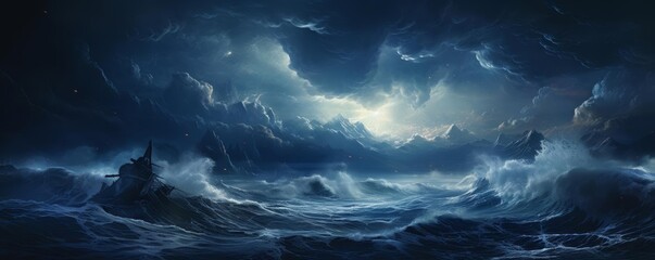 Fototapeta premium A powerful illustration of a stormy ocean with crashing waves and a dark blue sky