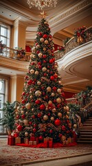 Elegant Vertical Christmas Tree Adorning a Grand Ballroom for Festive Celebrations and Events