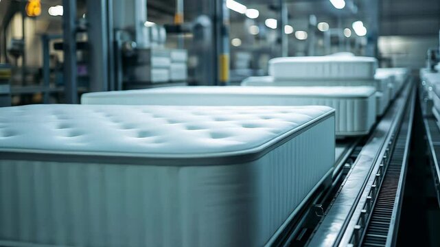Mattresses on conveyor belt in modern factory production line showcasing automated manufacturing process, 4k video