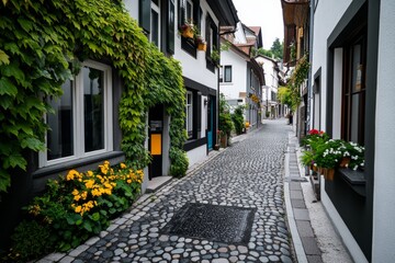 Fototapeta premium A quiet, narrow street in an old European city, with cobblestones and historical buildings