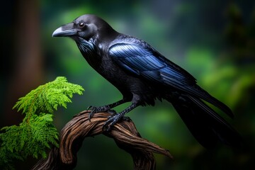 A raven with glossy black feathers and a sharp beak, perched on a twisted tree branch in a mysterious, foggy forest