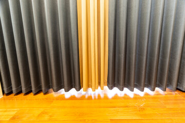 Details of the blue and yellow striped curtains