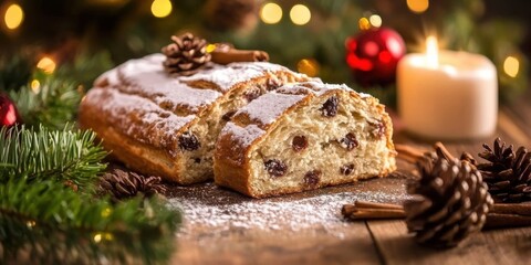 Fototapeta premium Christmas stollen on wooden table. Christmas festive pastry dessert. Bakery recipes for Christmas Eve.