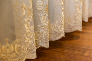 Details of patterned curtains in the bedroom