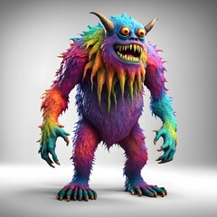 3D monster character with bold colors on white background under studio lights.