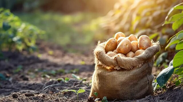 Harvesting potatoes in a burlap sack in the sunlit rural farm field during golden hour, 4k video