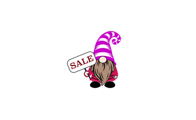 Vector illustration of a cartoon gnome in a cap with a banner and the inscription sale