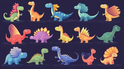 a bunch of different colored dinosaurs on a black background