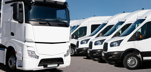 Semi trucks and delivery vans are parked in rows. Commercial fleet.