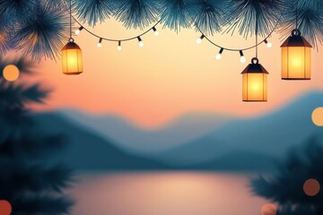 Serene twilight landscape featuring glowing lanterns hung amidst pine branches, creating a peaceful ambiance by the water.