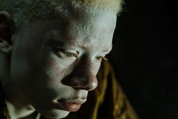 Fototapeta premium Dramatic Close-Up Portrait of Albino Actor in Intense Role, with Shadowed Face and Deep Expression