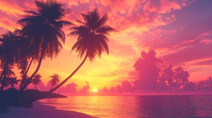 Obraz premium Tropical sunset over a pristine beach with palm trees.