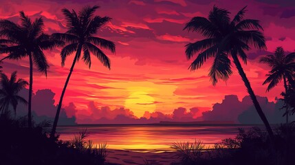 A vibrant tropical sunset with palm trees silhouetted against the orange and pink sky.