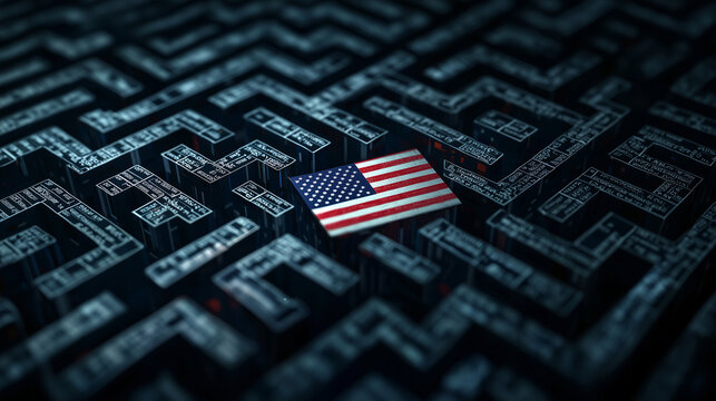 A 3D maze with an American flag placed in the center, symbolizing the complexity of navigating political, economic, or social challenges within the United States. - Powered by Adobe