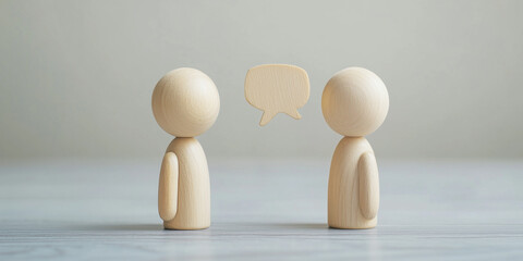 Two wooden figurines facing each other with a speech bubble in the middle on a neutral background, representing communication, dialogue, and social interaction.