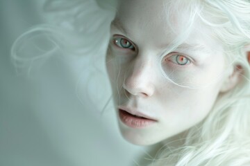 Stunning Close Up Portrait of Albino Woman with Striking White Hair and Vibrant Red Eyes - Perfect for Art Print
