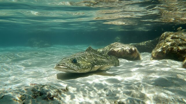 69. A clear, shallow lagoon with a venomous stonefish blending into the underwater environment