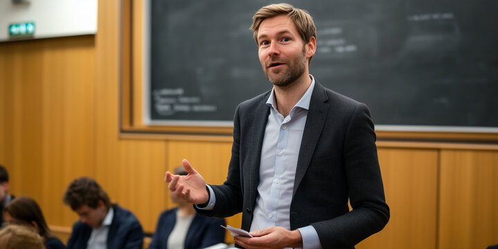 Dozent h&auml;lt Vorlesung an der Universit&auml;t &uuml;ber politische Theorien