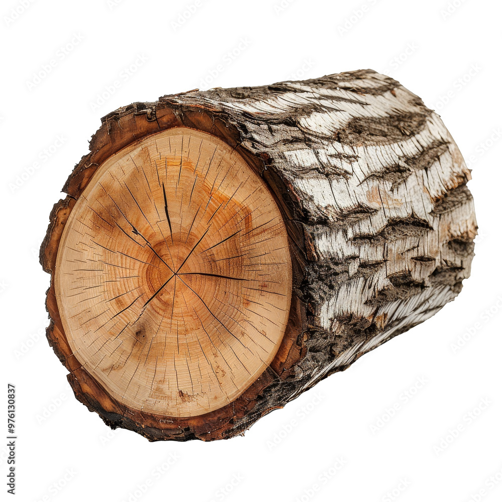 Poster log of wood showing natural bark and cross-section, displayed on transparent background, emphasizing