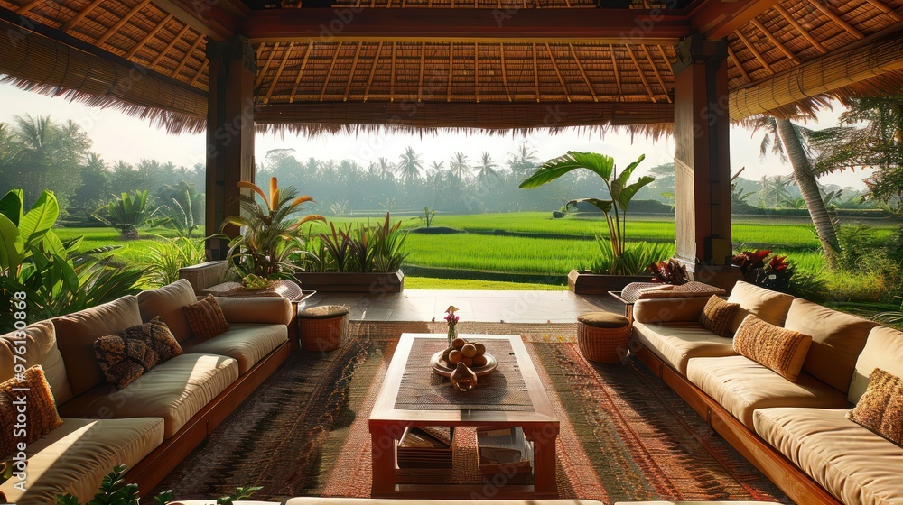 Canvas Prints balinese patio with rice paddy view