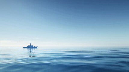 Fototapeta premium Naval ship cruising throughserene blue ocean underclear sky, showcasingmaritime strength andtranquility, central focus withslight background blur.
