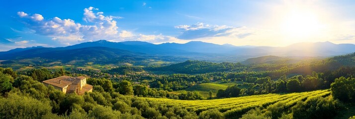 A breathtaking view of the Tuscan countryside, featuring rolling hills, lush greenery, a charming farmhouse, and a distant mountain range. The image captures the beauty and serenity of rural Italy.