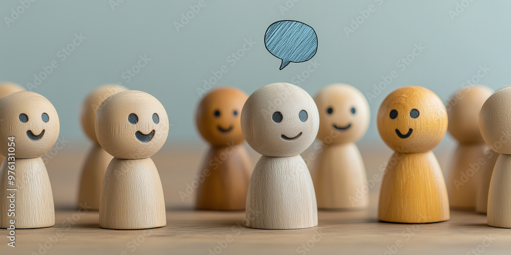 Poster a group of smiling wooden figurines with one figure highlighted with a speech bubble, representing c