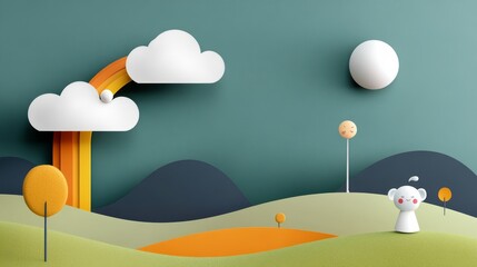 A cheerful papercut landscape with clouds, rainbow, and a cute character enjoying the scenery.  Represents joy, imagination, and a whimsical world.
