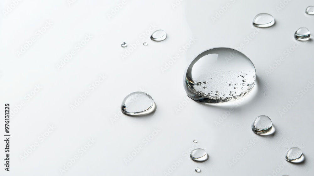Poster a collection of water droplets scattered on a smooth, white surface, creating a visually appealing c