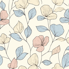 Simple line art vector seamless pattern of flowers and leaves