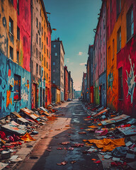 Fototapeta premium A street with a lot of graffiti on it and a lot of trash on the ground.