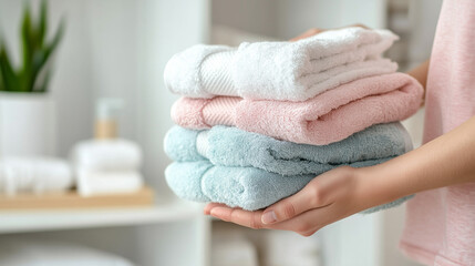 A stack of freshly folded pastel-colored towels held by a person in a bright, clean environment, symbolizing cleanliness, care, and home organization.