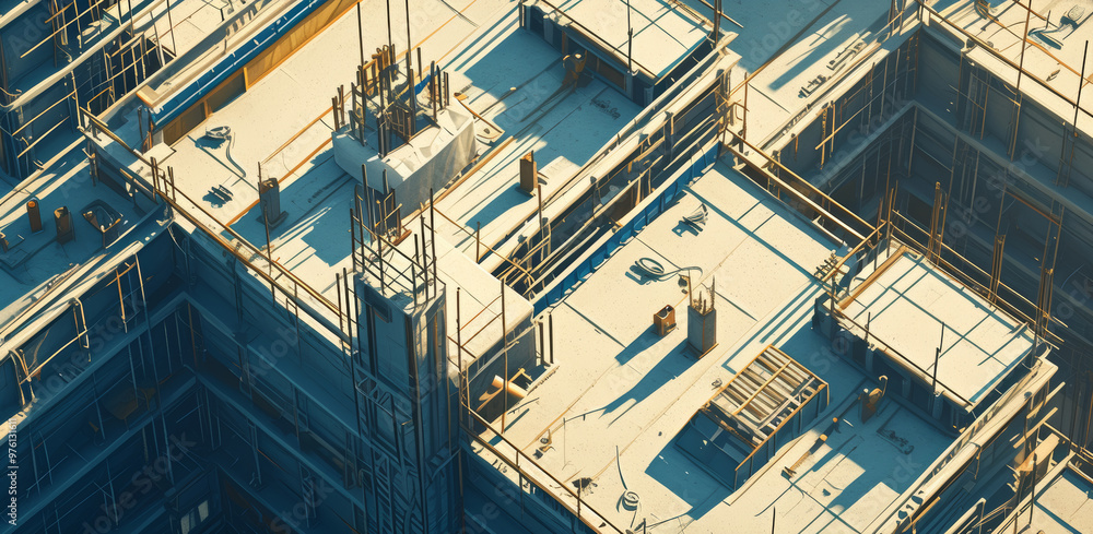 Poster overhead view of construction site showcasing building phases and organizational complexity