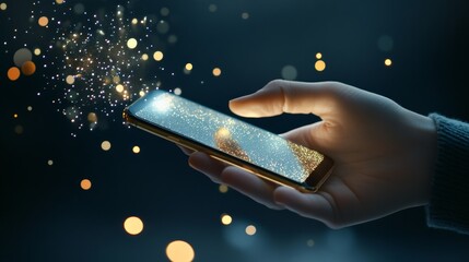 A hand holding a smartphone with sparkling lights, symbolizing digital magic, innovation, connection, wonder, and possibility.