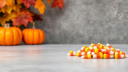A heap of candy corn rests on a grey surface, symbolizing the sweetness of fall, festive treats, Halloween fun, autumnal flavors, and seasonal delight.