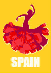 Silhouette of a Spanish flamenco dancer wearing a carnation-shaped folkloric skirt