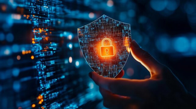 A hand holding a glowing shield with a digital padlock, symbolizing cyber security, data protection, online privacy, digital safety, and secure future.