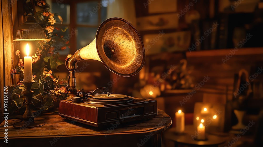 Poster an old gramophone sits on a table in a dimly lit room, surrounded by candles and a lamp, creating a 