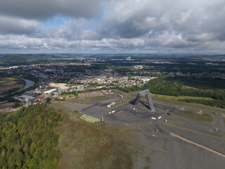 Aerial view over Saarlouis and The Saarpolygon, Ensdorf, Saar, Saarlouis steel sculpture monument. City view.