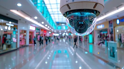 Surveillance Camera in a Shopping Mall with Blurred People and Storefronts