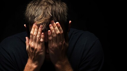 A man covers his face with his hands, conveying feelings of despair, sorrow, and emotional distress. His body language suggests hopelessness and a sense of being overwhelmed.