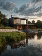 Modern house design by a river.