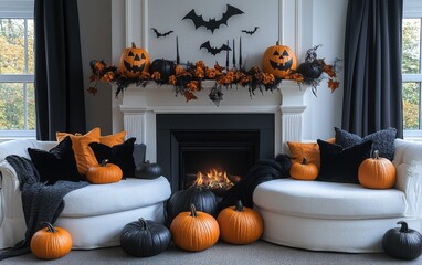 Modern Halloween fireplace mantel with minimal pumpkin decor and black candles in a stylish living room