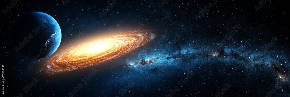 Poster a mesmerizing view of a spiral galaxy illuminating a distant planet in the vast expanse of deep spac