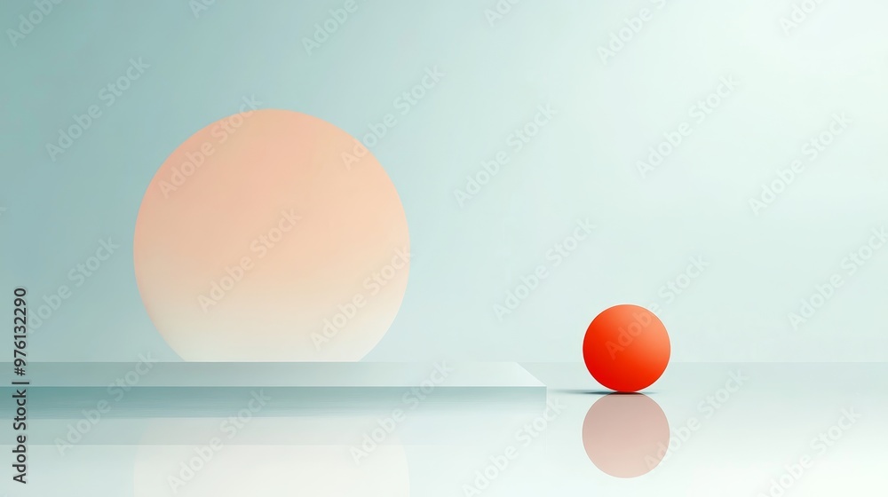 Poster a minimalist illustration of a geometric pattern featuring a sphere and a soft, circular light sourc
