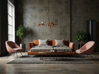 Modern interior design room 3D illustration.